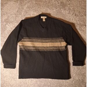 Northern Apparel Mens V Neck Sweater Size M 100% Wool Shetland Striped Black Tan